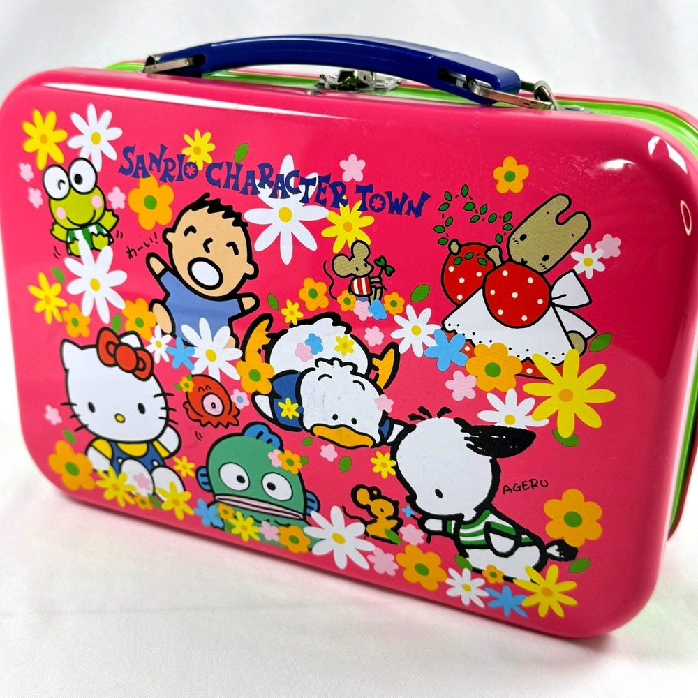 Vintage 1992 Sanrio Character Town Metal Lunch Box Hello Kitty Keroppi Pink Tin